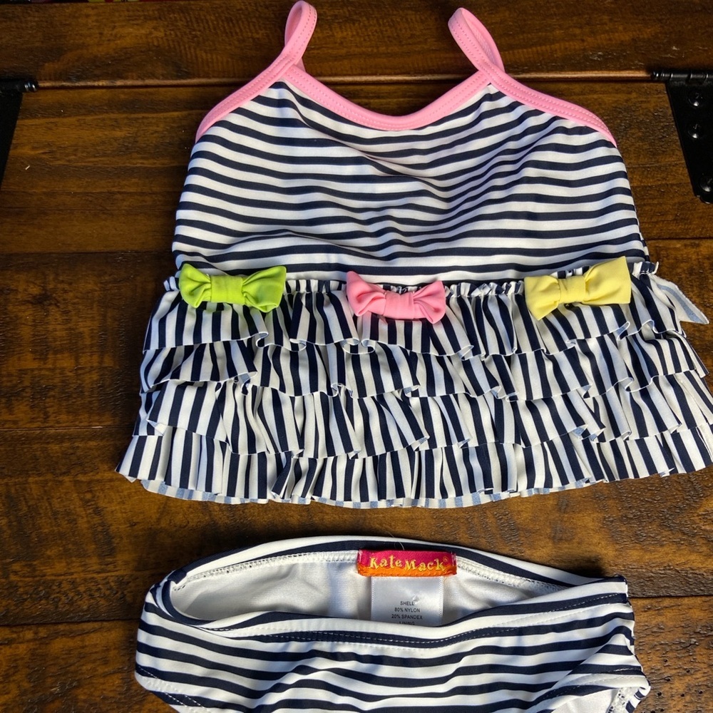 Kate Mack Striped Swimsuit with Bows 12M, Pink‎ Straps, suit is White and Navy